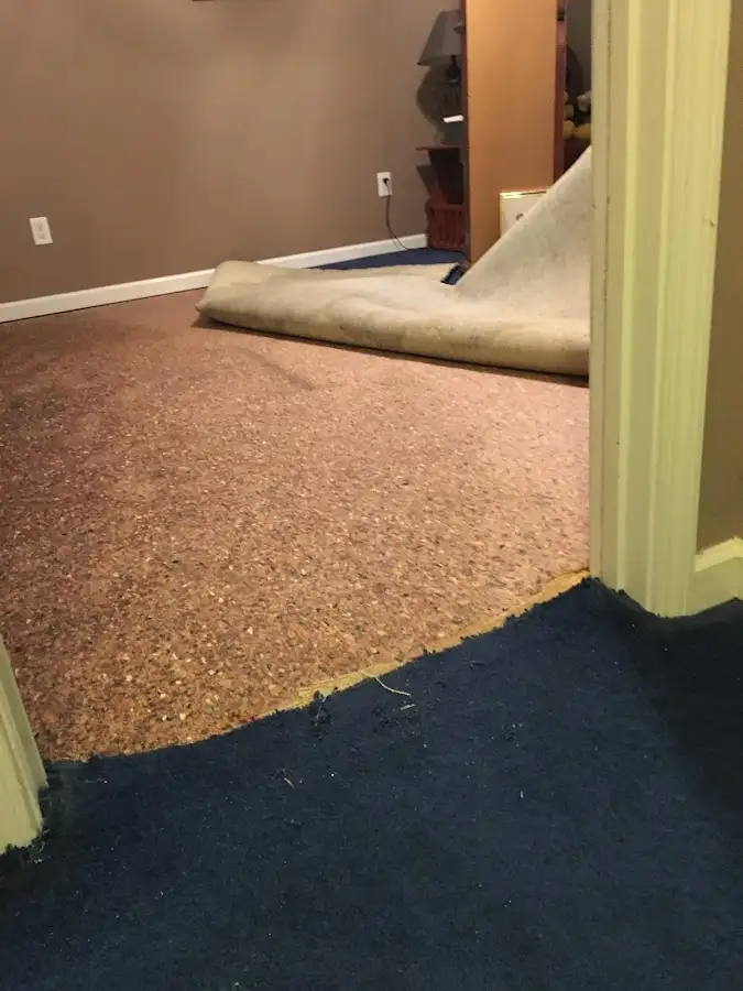 Carpet pad removal revealing water damage during Water Mitigation Services in Oshkosh